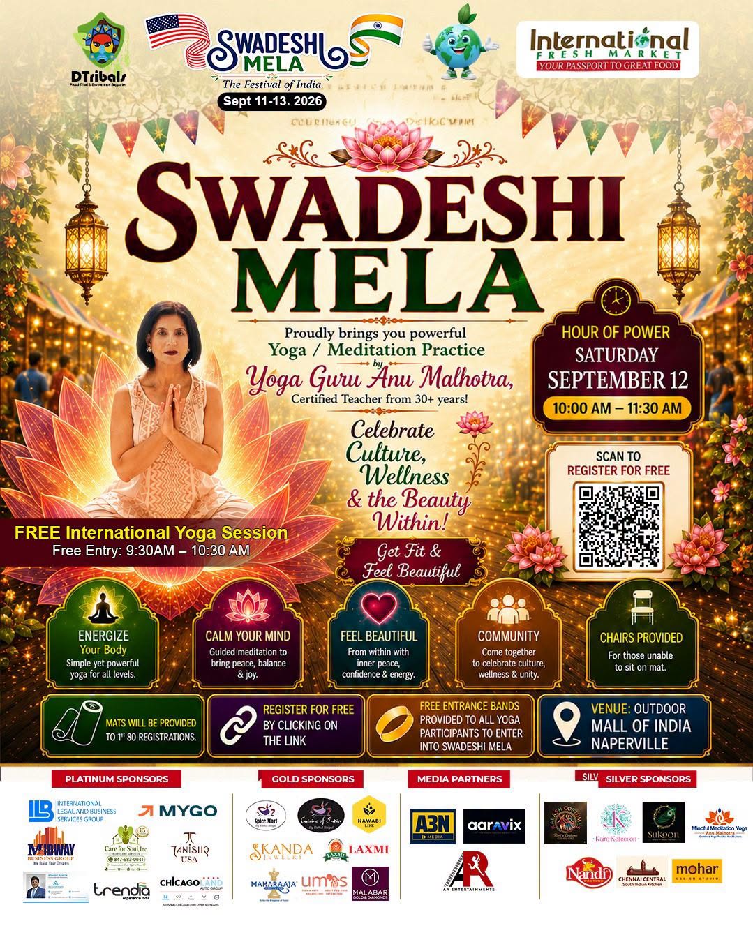 Swadeshi Mela 2026 flyer — FREE Outdoor International Yoga Session with Yoga Guru Anu Malhotra, Saturday September 12, 10:00–11:30 AM, Mall of India Naperville