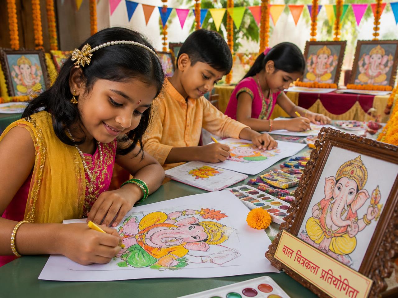 Children drawing Lord Ganesha artwork in decorative frames at the kids competition