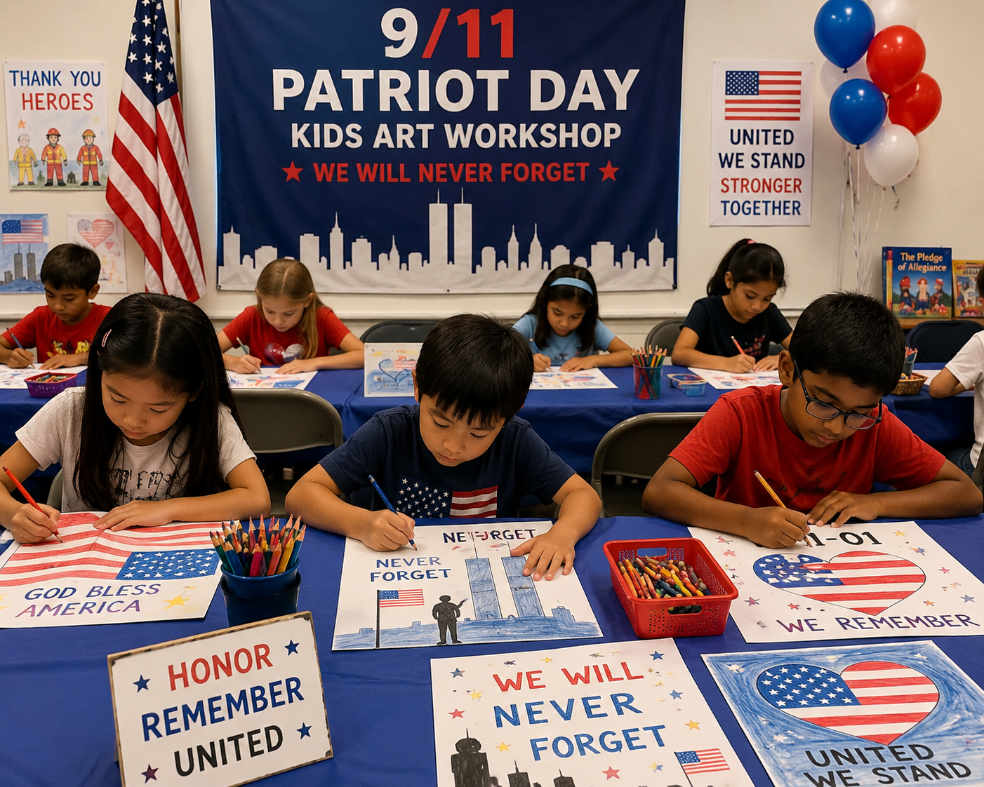 Kids drawing patriotic artwork at a 9/11 Patriot Day art workshop
