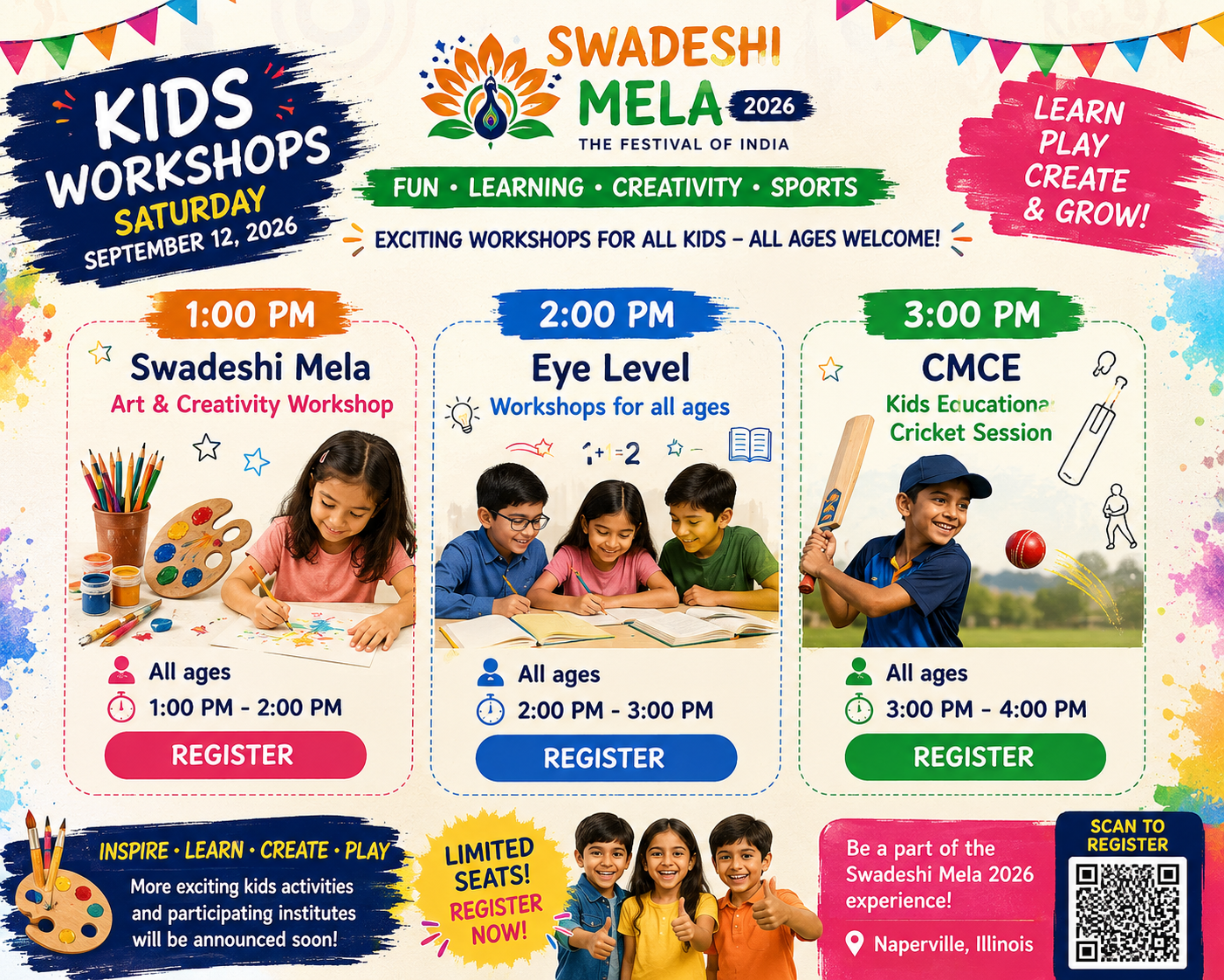 Swadeshi Mela 2026 Kids Workshops flyer for Saturday, September 12