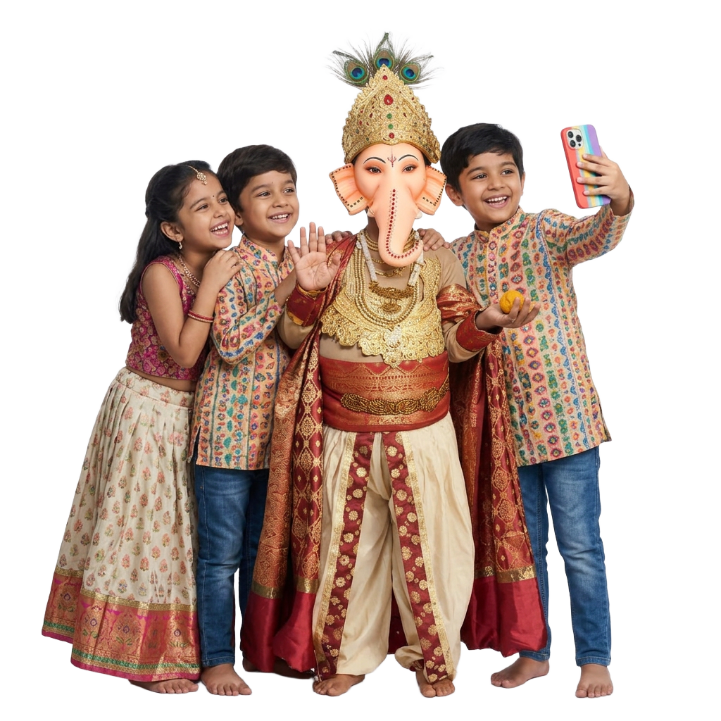 Kids taking a selfie with Lord Ganesh at Swadeshi Mela