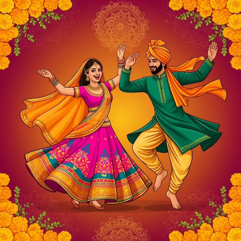 Indian woman and man dancing in traditional festival dress